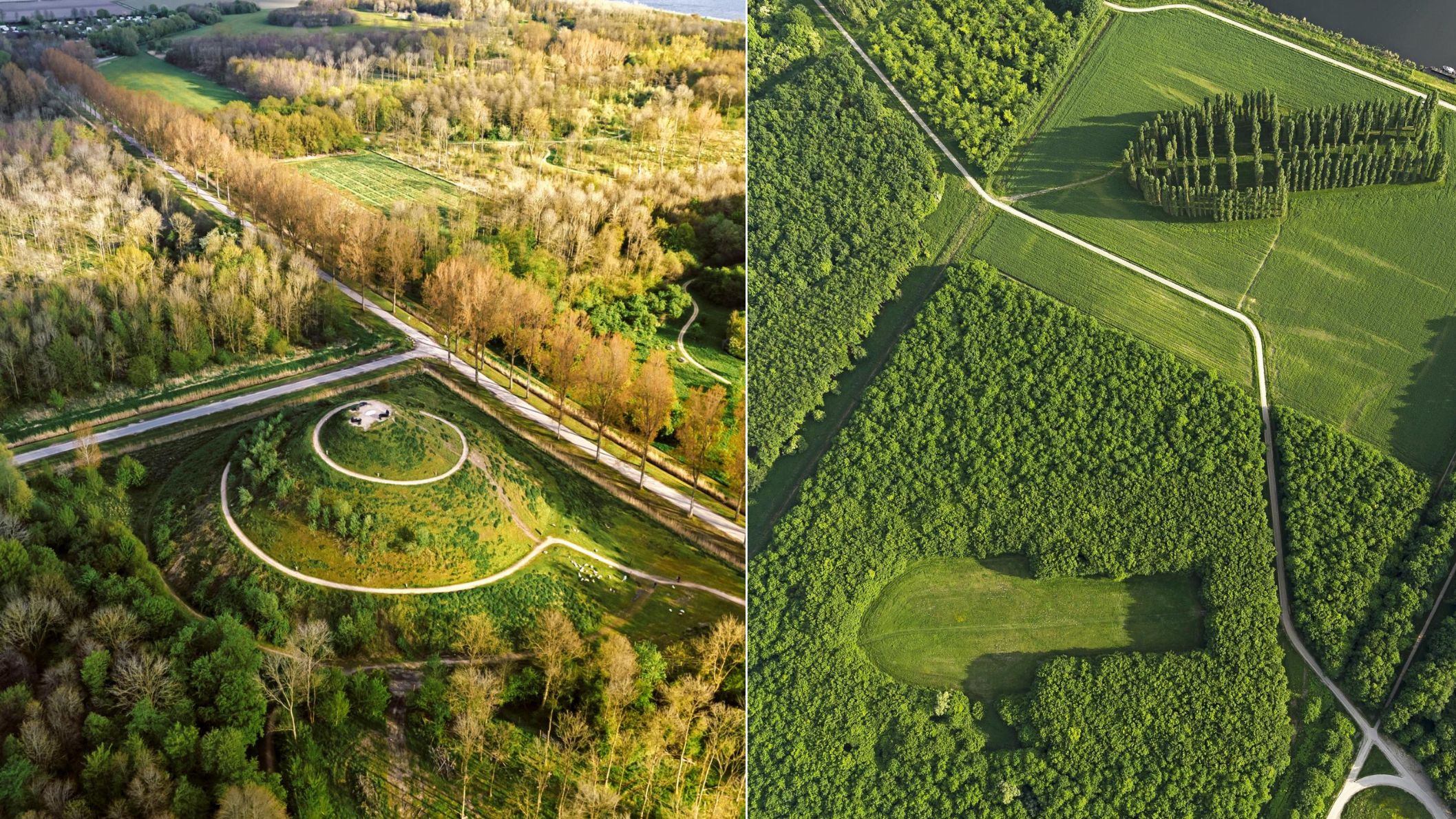 Luchtfoto's van het Museumbos in Almere Boven met geometrische landschapselementen, groene boomgaarden en een begroeide heuvel.