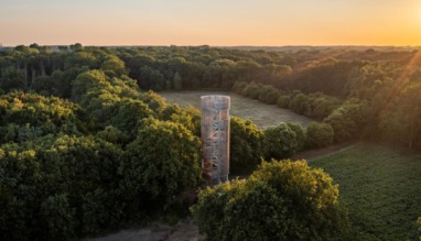 Een moderne uitkijktoren reikt hoog boven de boomtoppen uit in een groen bosgebied tijdens de zonsondergang.