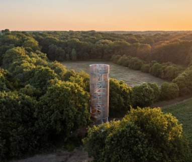 Een moderne uitkijktoren reikt hoog boven de boomtoppen uit in een groen bosgebied tijdens de zonsondergang.