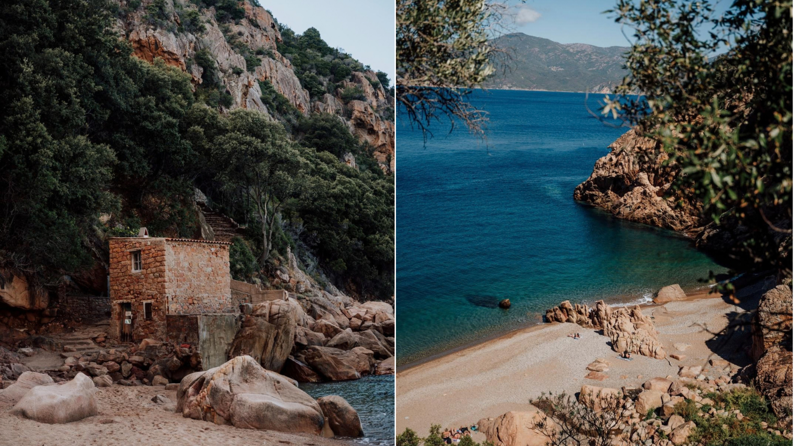 Verborgen baai met rotsen en helderblauw water aan de kust van Corsica