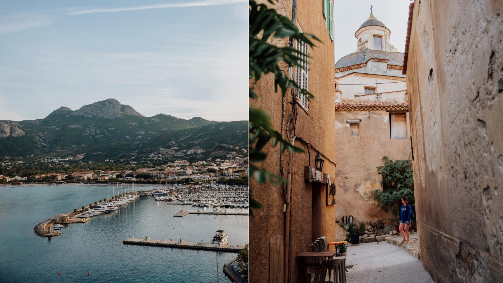 Uitzicht op de jachthaven van Calvi en een smal steegje in het historische centrum op Corsica