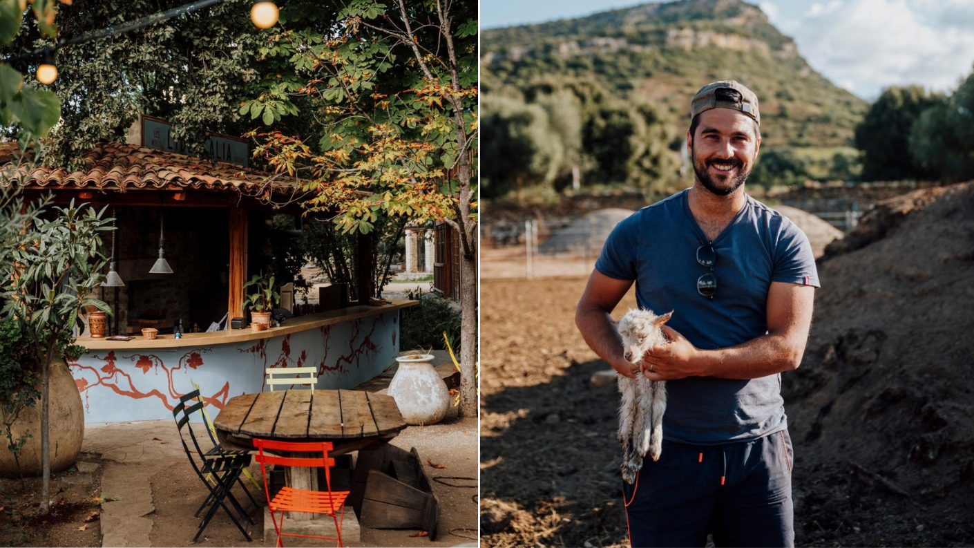 Terras van restaurant La Libertalia en een man met een geitje op het platteland op Corsica