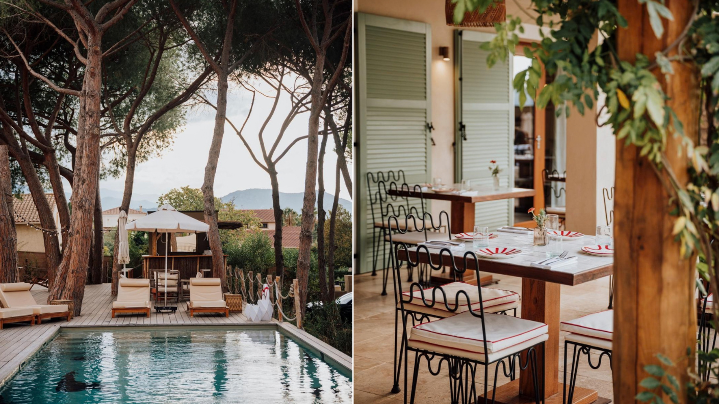 Zwembad tussen de dennenbomen en een gedekte tafel op het overdekte terras van Hotel Basgi op Corsica