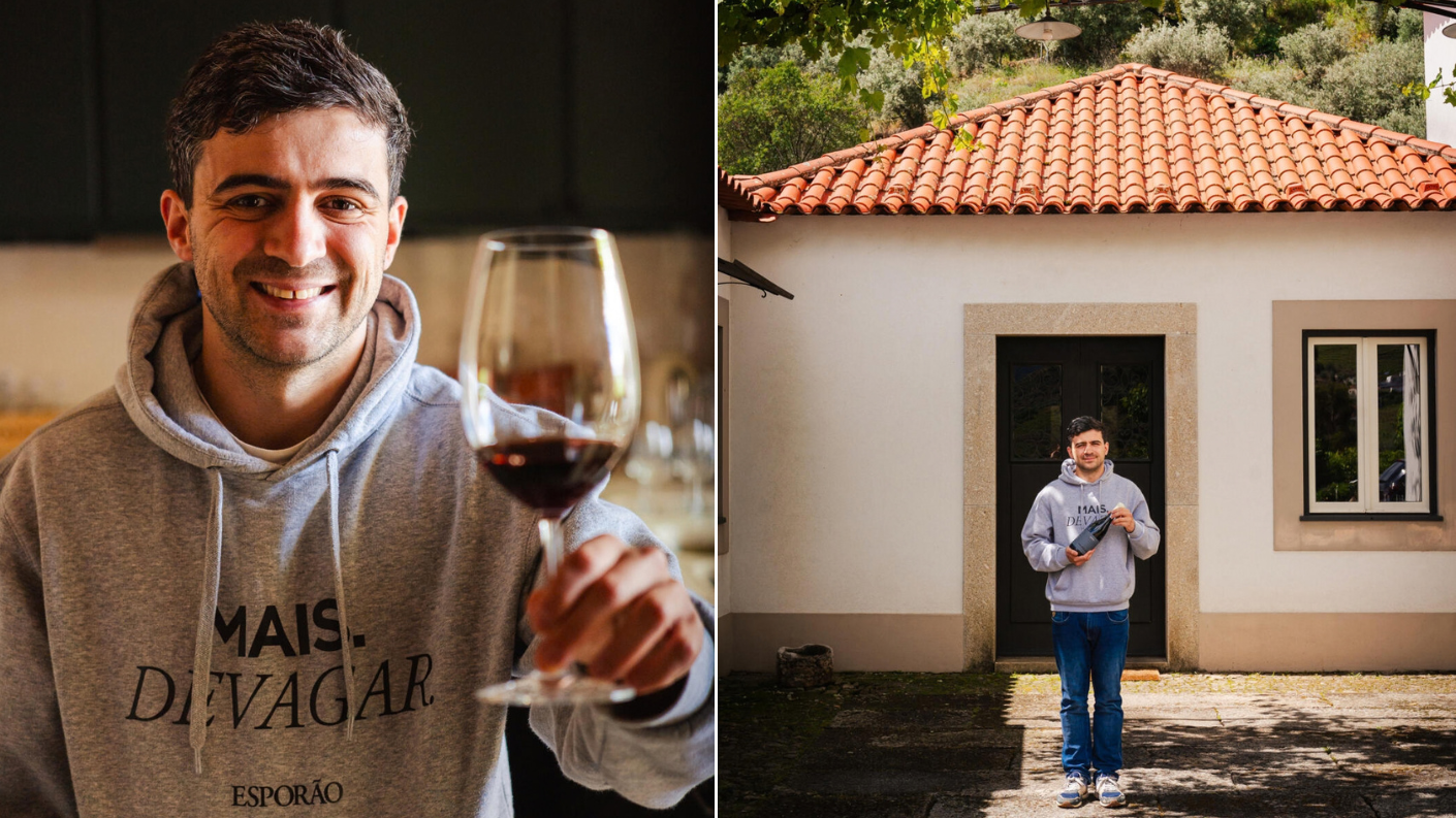 Wijnmaker van Quinta dos Murças met een glas rode wijn en staand voor het landgoed