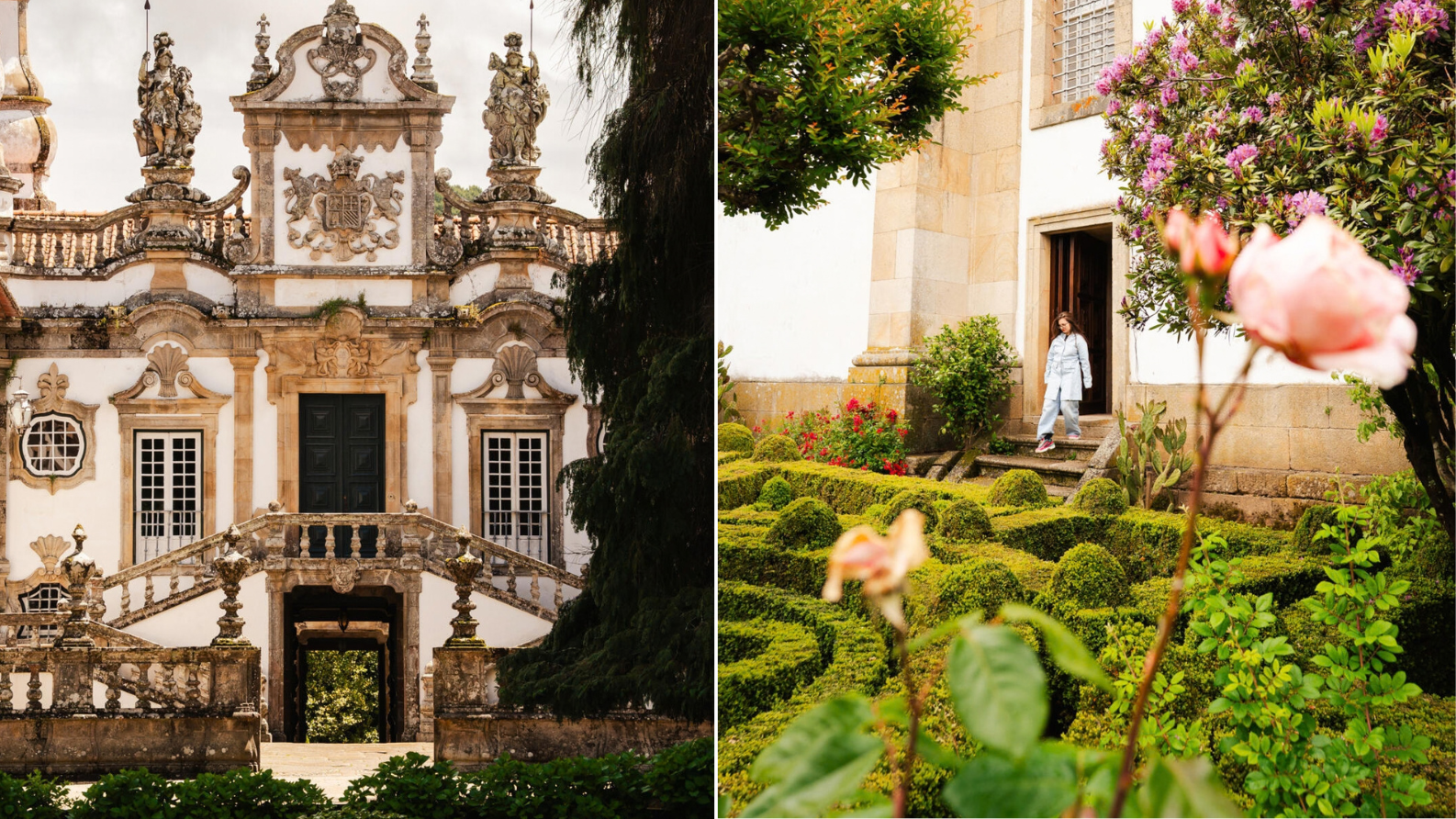 Barokke voorgevel van Casa de Mateus en een wandelaar in de strak geschoren vormtuin met bloemen in Portugal