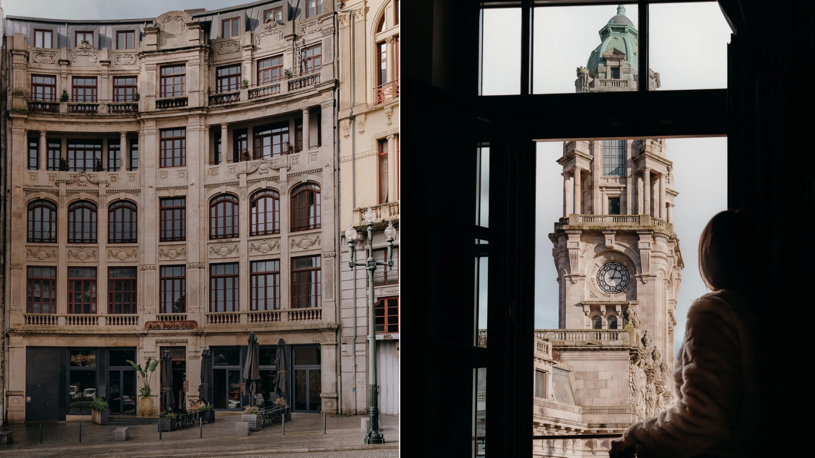 Gevel van Boetiekhotel Porto Club en uitzicht vanuit het raam op de klokkentoren van het stadhuis in Porto