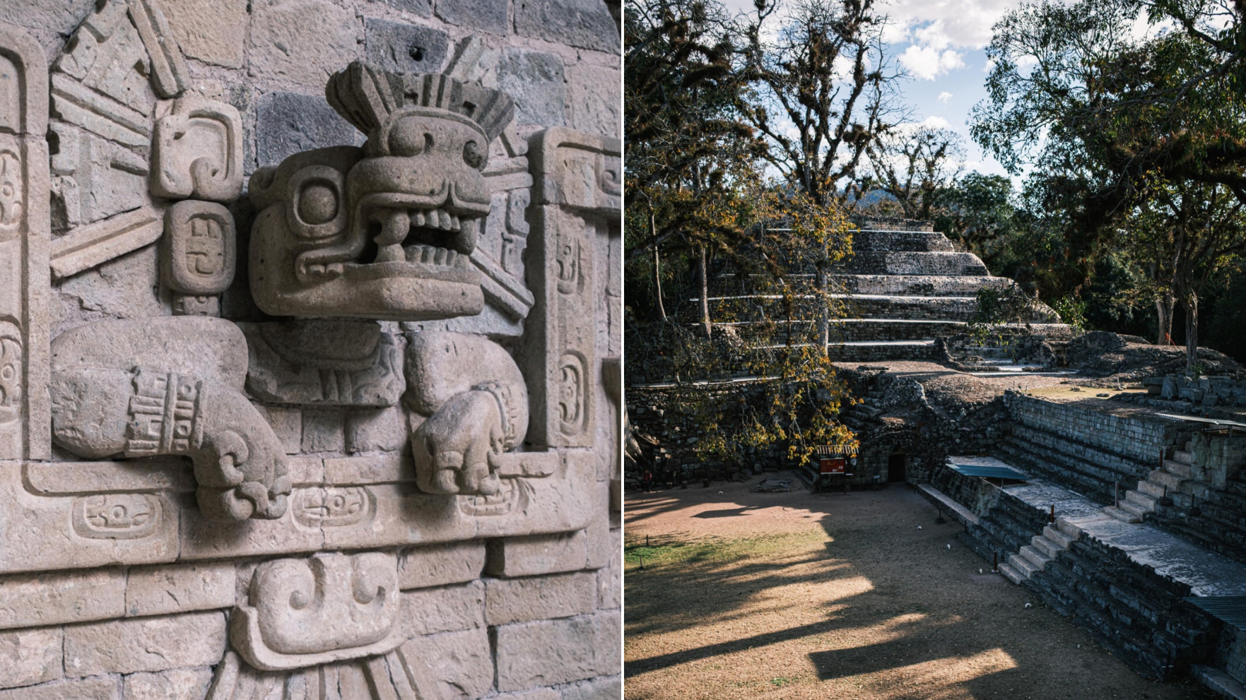 Maya-beeldhouwwerk en stenen tempeltrappen in de archeologische site van Copán
