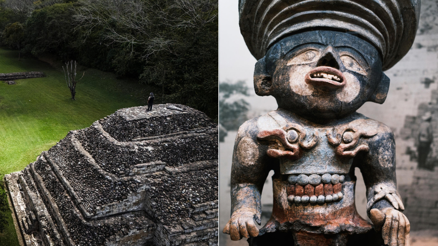 Maya-tempelruïne en stenen beeldhouwwerk in de archeologische site van El Puente in Honduras