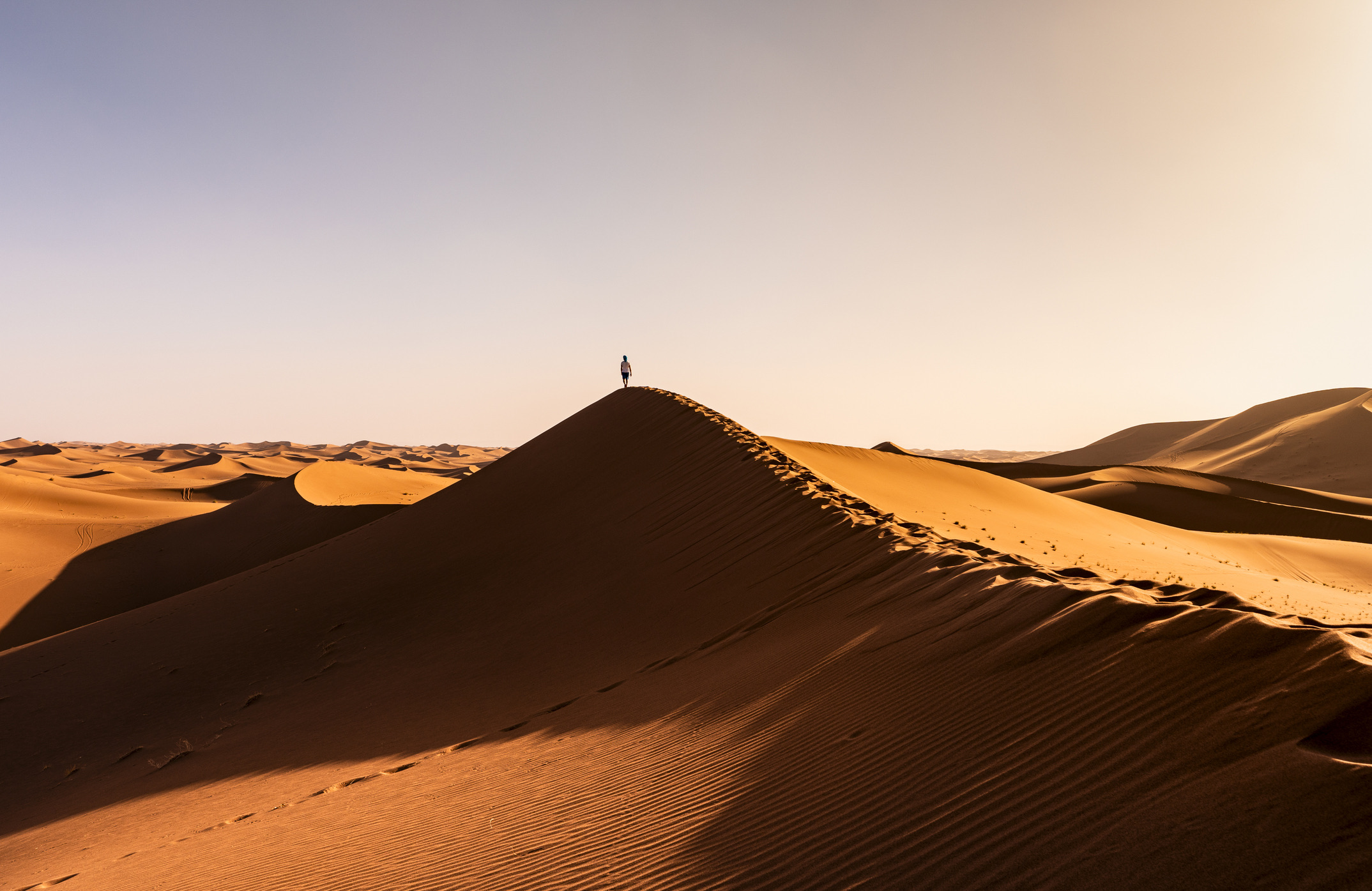 Man die bij zonsondergang over een duin in de woestijn loopt, Erg Chebbi, Sahara, Marokko