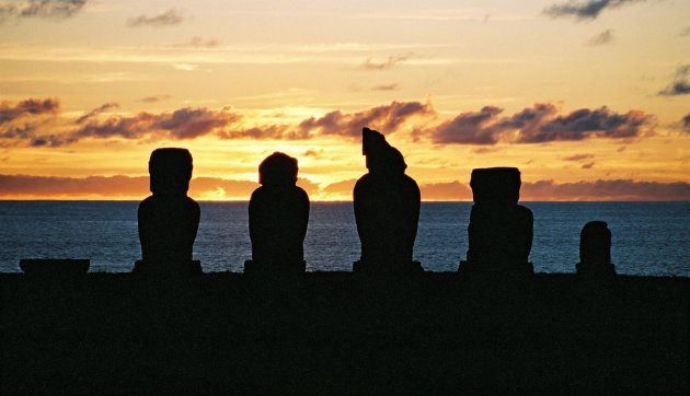 Moai's in de avondzon