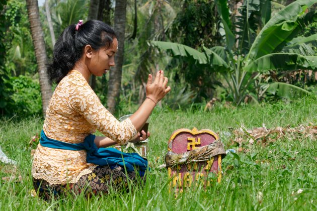 Hindoe offer tijdens het Chiatra Navratri feest op Bali