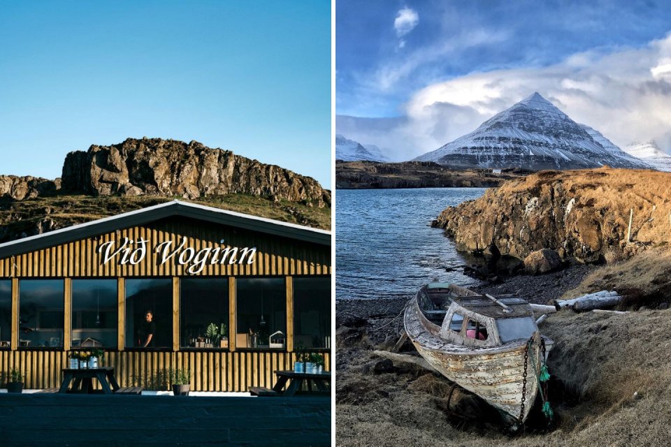 Djupivogur in IJsland. Foto links: Sabrina Gaudio. Foto rechts: Getty Images