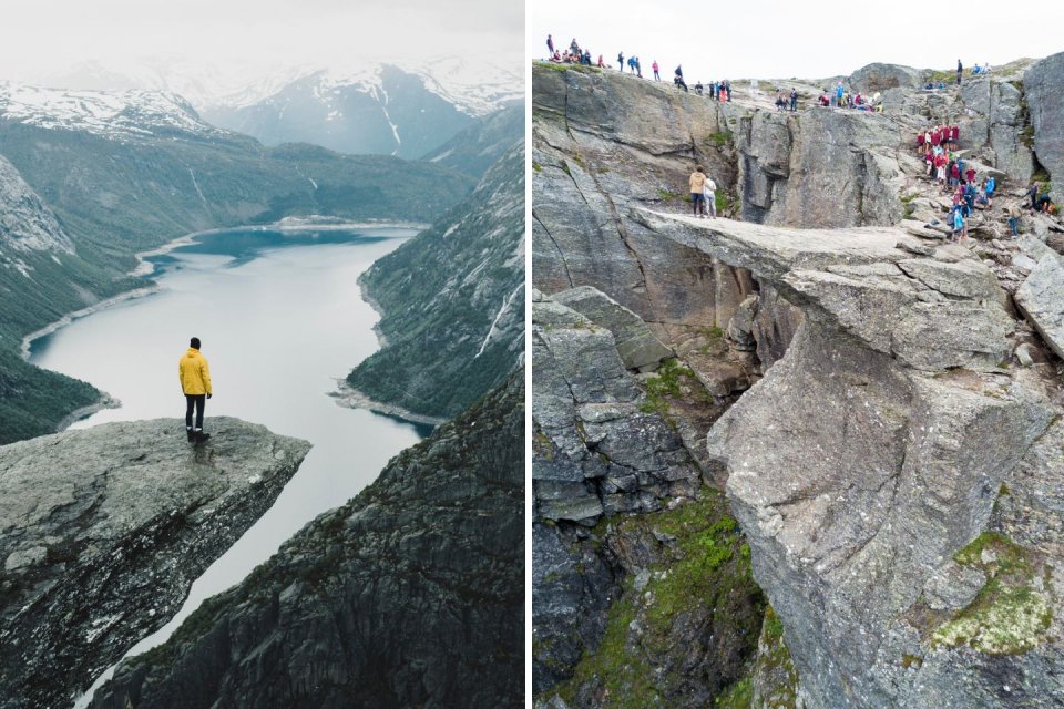 Zo druk is het echt bij de Trolltunga in Noorwegen. Foto's: Getty Images