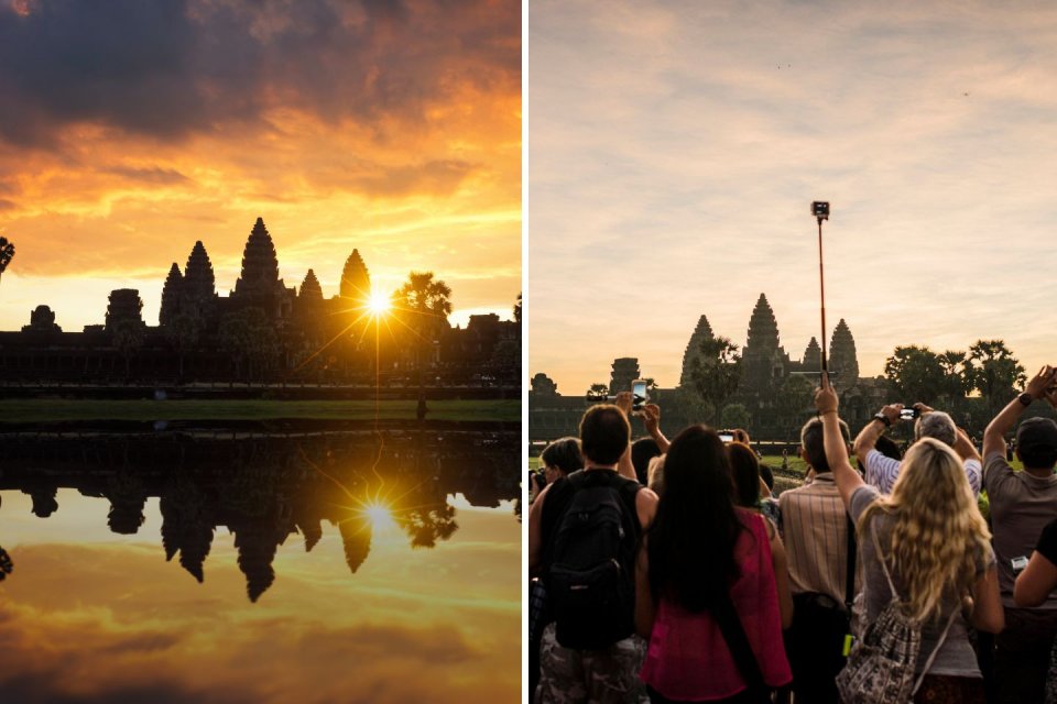 Zo druk is het echt bij Angkor Wat in Cambodja. Foto's: Getty Images