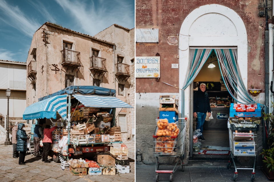 Een marktwagen met groente en fruit in de straatjes van Sicilië. Foto: Bjorn Snelders