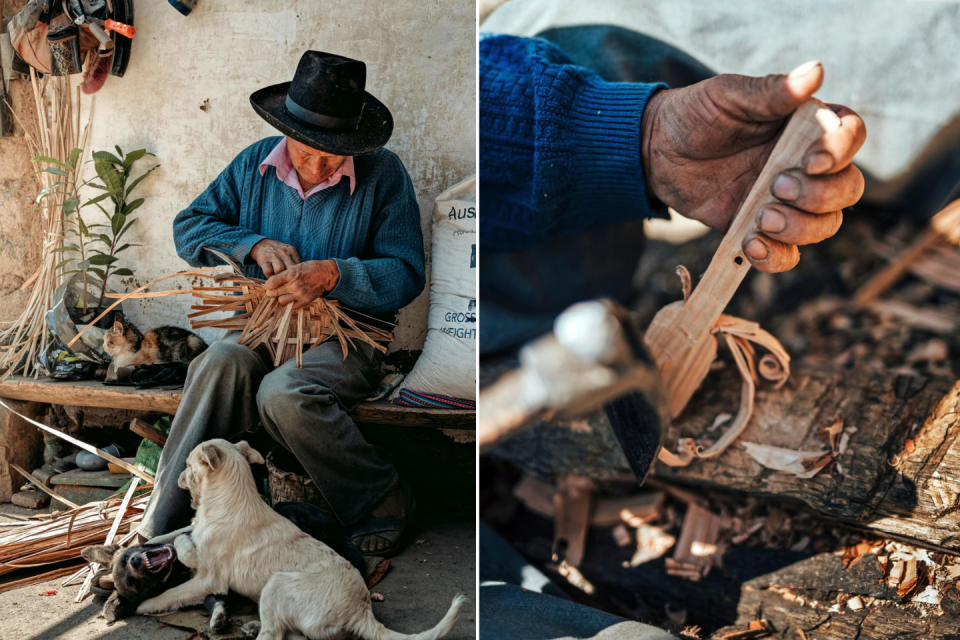 Manuel Apeña geeft een demonstratie mandenvlechten en hoe je lepels van hout maakt. Foto's: Björn Snelders