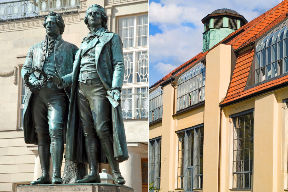 Het erfgoed van Weimar. Foto 1: Standbeeld van Goethe en Schiller. Foto 2: Bauhaus-Universiteit Weimar. Getty Images.