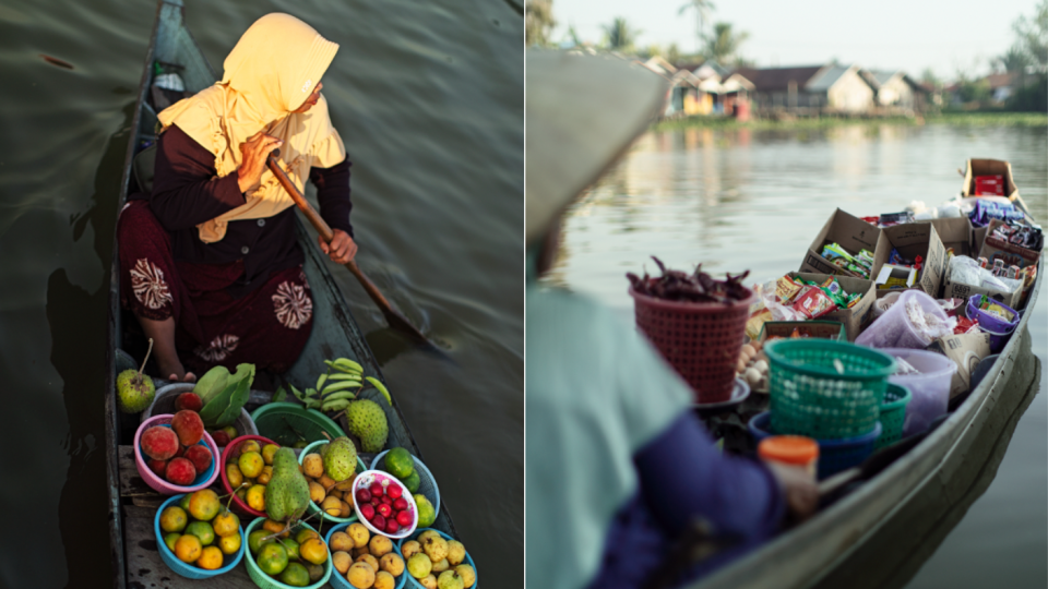 Drijvende markt in Kalimantan. Foto: Malou van Breevoort