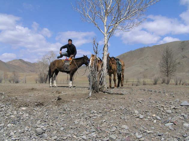Mongoolse ruiter bestijgt zijn paard
