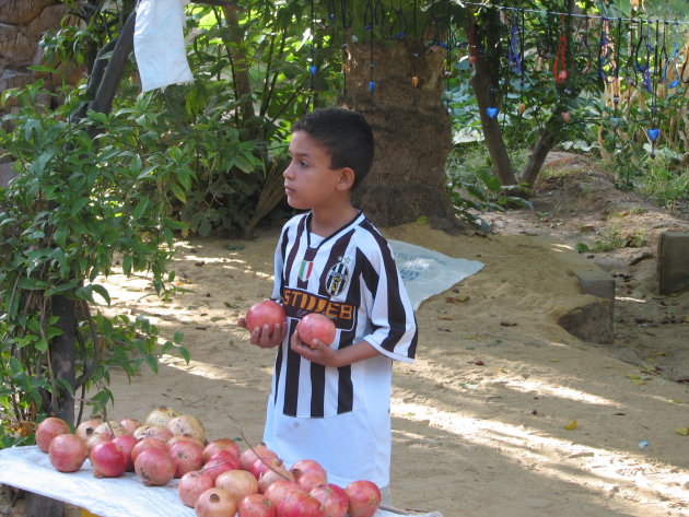 jongen verkoopt granaatappels