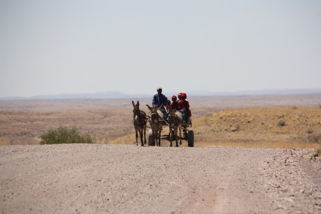 Ezelwagen met gezin in het midden van de Woestijn..