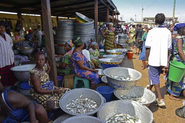 Visverkopers in Elmina op de markt