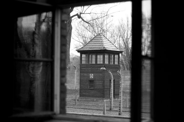 Uitzicht vanuit een van de barakken in Auschwitz
