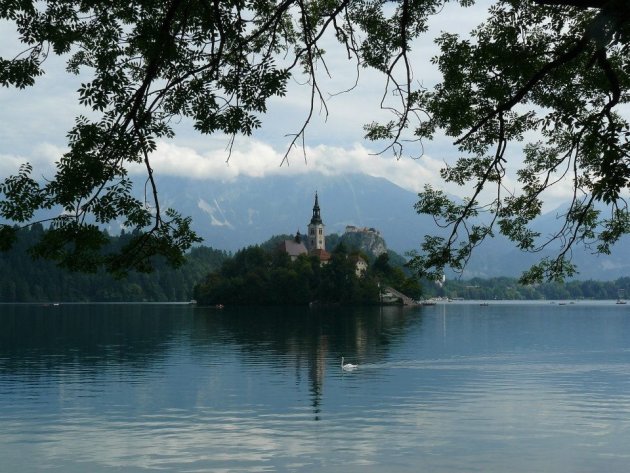 Het meer van Bled met in het midden de kerk op het eiland en op de achtergrond het kasteel van Bled