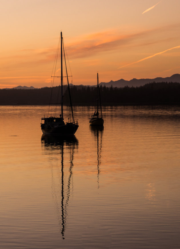 Zeilbootjes bij zonsondergang