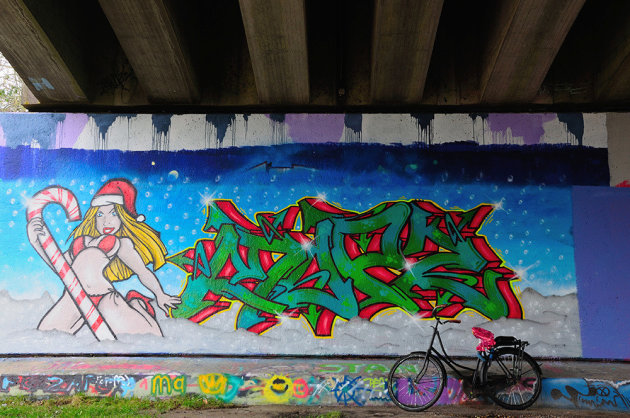 Fiets en graffiti onder het viaduct