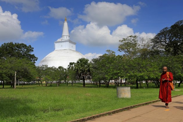 Monnik voor de Ruwanweliseya stoepa in Anuradhapura
