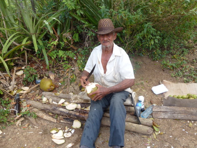 Oud boertje trakteert op kokosmelk 