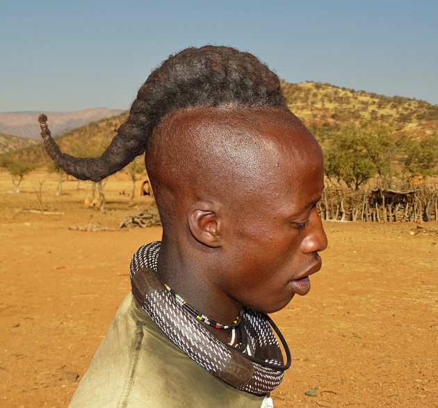 De haardracht van een ongehuwde Himbaman